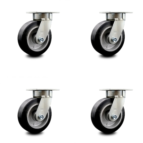 6 Inch Kingpinless Rubber on Aluminum Wheel Swivel Top Plate Caster SCC, 4PK